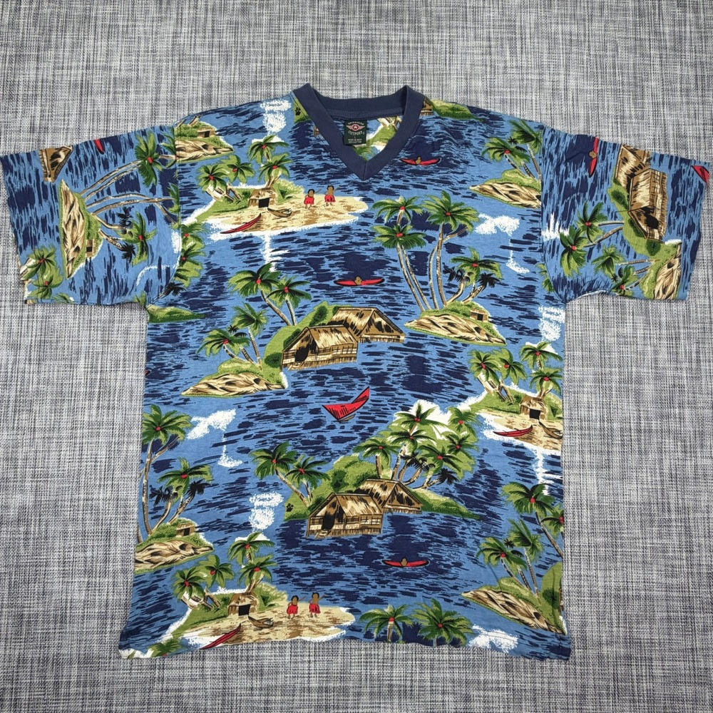 American Outpost Mens Large V-Neck T-Shirt Tropical Island Huts Palm Trees Blue